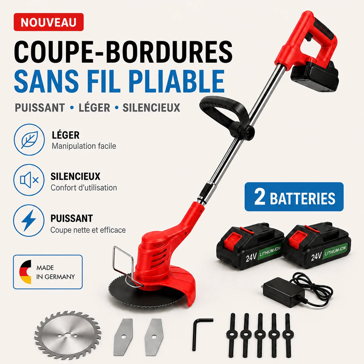 Coupe-bordures sans fil pliable + 2 batteries incluses
